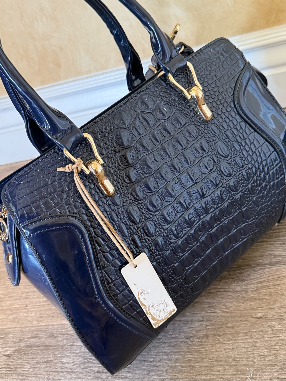 Classic Croc-Embossed Patent Satchel - Black/Navy
